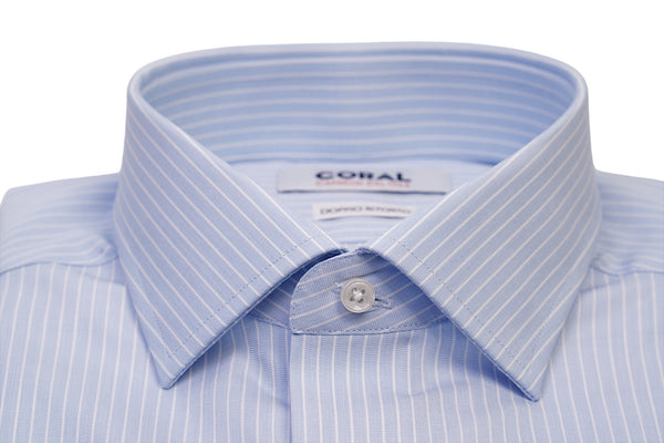 Camicia Popeline celeste gessato bianco 100% Cotone Doppio Ritorto