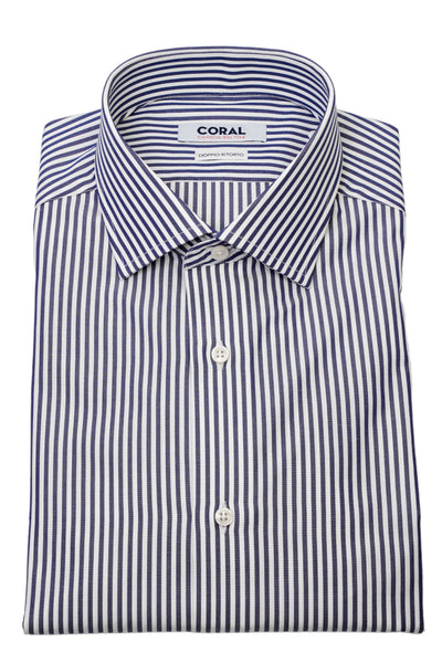 Camicia Popeline Bianco Rigato blu 100% Cotone Doppio Ritorto