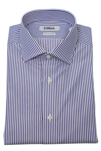 Camicia Popeline Bianco Rigato azzurro 100% Cotone Doppio Ritorto