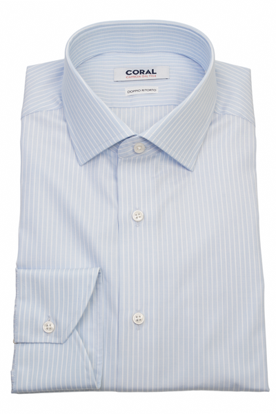 Camicia Popeline celeste gessato bianco 100% Cotone Doppio Ritorto