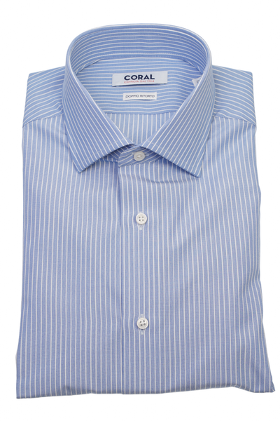 Camicia Popeline azzurro gessato bianco 100% Cotone Doppio Ritorto