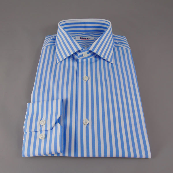 Popeline Riga larga Celeste/Bianco 100% Cotone