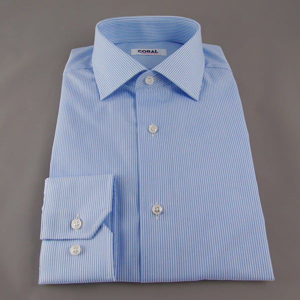 Popeline Rigato medio Celeste/Bianco 100% Cotone